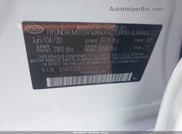 5NPD74LF7LH602177 2020 HYUNDAI ELANTRA White ძრავის განყოფილების ხედი