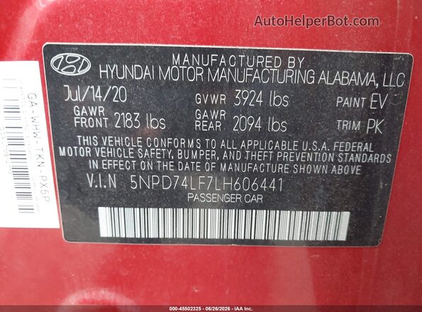 5NPD74LF7LH606441 2020 HYUNDAI ELANTRA Red Vista del compartimento del motor