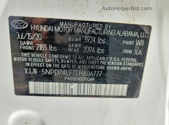5NPD74LF7LH606777 2020 HYUNDAI ELANTRA White სალონის 360-გრადუსიანი ხედი