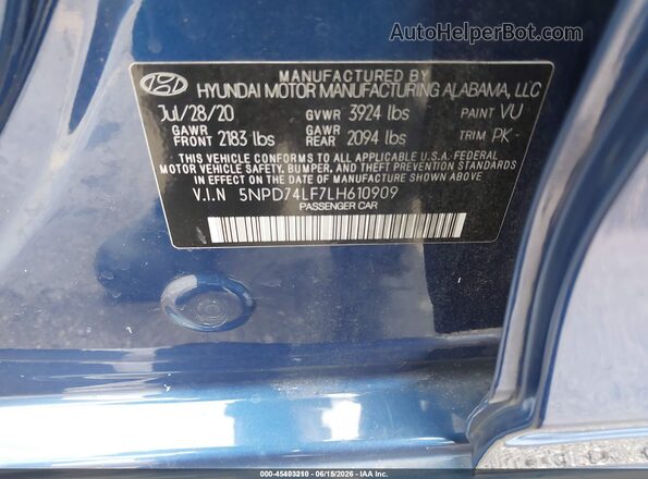 5NPD74LF7LH610909 2020 HYUNDAI ELANTRA Blue Вид підкапотного простору