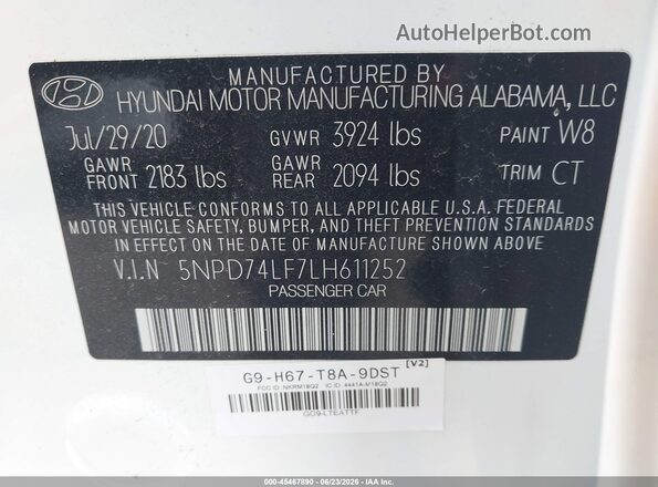 5NPD74LF7LH611252 2020 HYUNDAI ELANTRA White Widok komory silnika