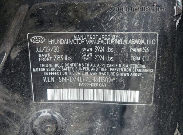 5NPD74LF7LH611509 2020 HYUNDAI ELANTRA Black Շարժիչի բաժամունքի տեսք