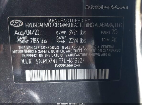 5NPD74LF7LH613227 2020 HYUNDAI ELANTRA Gray Շարժիչի բաժամունքի տեսք