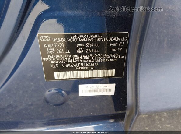 5NPD74LF7LH613647 2020 HYUNDAI ELANTRA Blue Engine compartment view