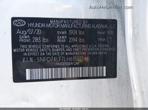 5NPD74LF7LH615012 2020 HYUNDAI ELANTRA White ძრავის განყოფილების ხედი