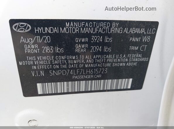 5NPD74LF7LH615723 2020 HYUNDAI ELANTRA White Vista del compartimento del motor