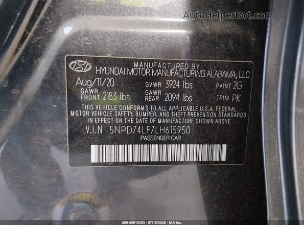5NPD74LF7LH615950 2020 HYUNDAI ELANTRA Gray Engine compartment view