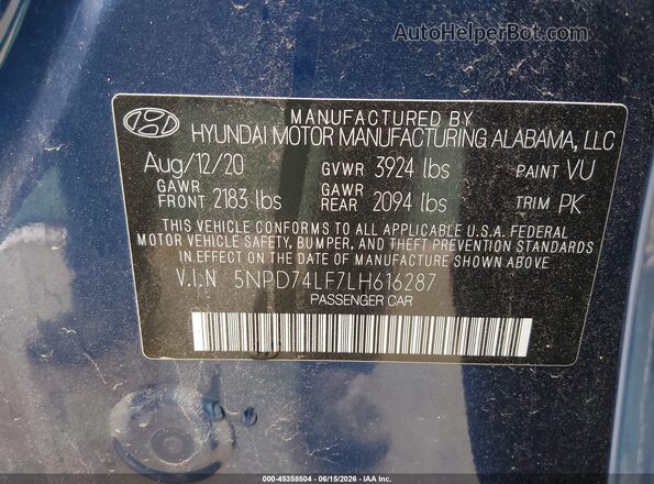 5NPD74LF7LH616287 2020 HYUNDAI ELANTRA Blue ძრავის განყოფილების ხედი