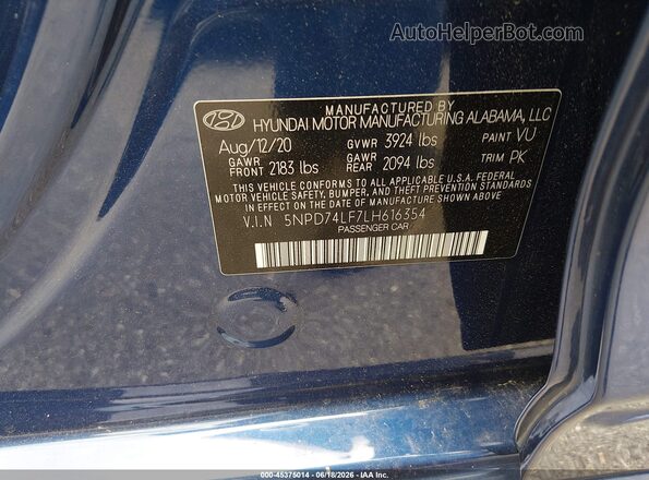 5NPD74LF7LH616354 2020 HYUNDAI ELANTRA Blue Vista del compartimento del motor