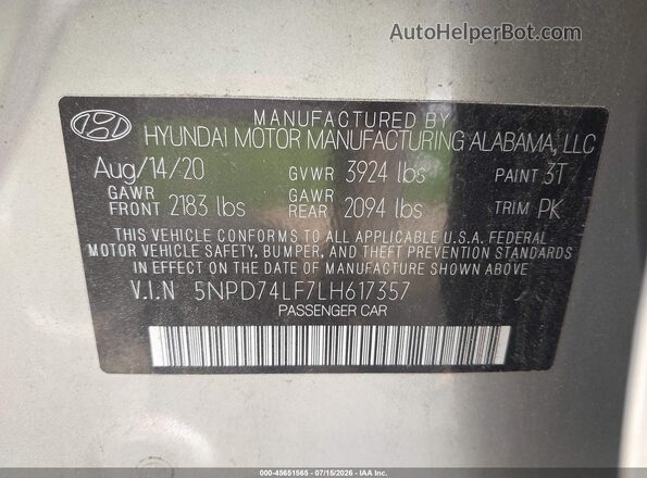 5NPD74LF7LH617357 2020 HYUNDAI ELANTRA Gray ძრავის განყოფილების ხედი