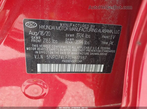 5NPD74LF7LH617987 2020 HYUNDAI ELANTRA Красный Вид подкапотного пространства