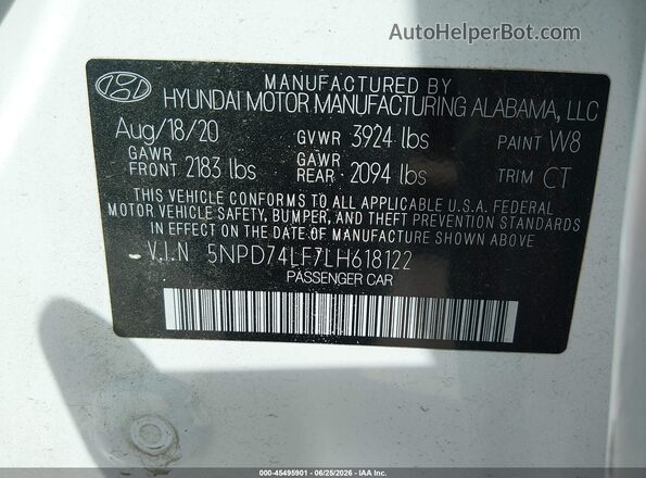 5NPD74LF7LH618122 2020 HYUNDAI ELANTRA White Vista del compartimento del motor