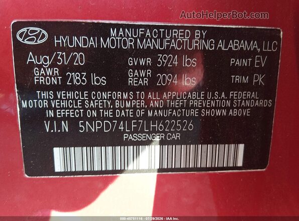 5NPD74LF7LH622526 2020 HYUNDAI ELANTRA Red Շարժիչի բաժամունքի տեսք