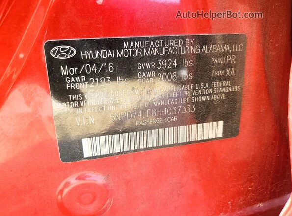 5NPD74LF8HH037333 2017 HYUNDAI ELANTRA Red ძრავის განყოფილების ხედი