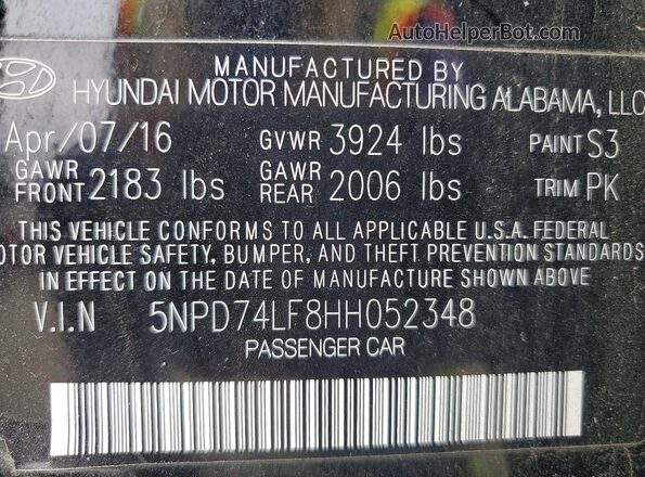 5NPD74LF8HH052348 2017 HYUNDAI ELANTRA Black Вид наклейки з VIN-кодом