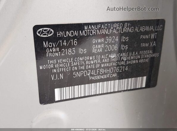 5NPD74LF8HH076214 2017 HYUNDAI ELANTRA Tan Engine compartment view