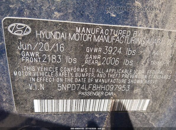 5NPD74LF8HH097953 2017 HYUNDAI ELANTRA Blue Engine compartment view