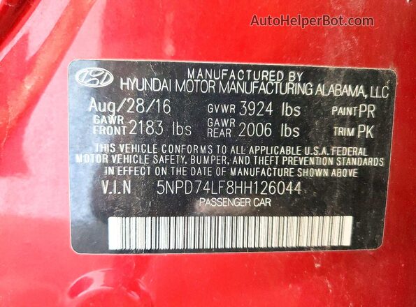5NPD74LF8HH126044 2017 HYUNDAI ELANTRA Красный Вид подкапотного пространства