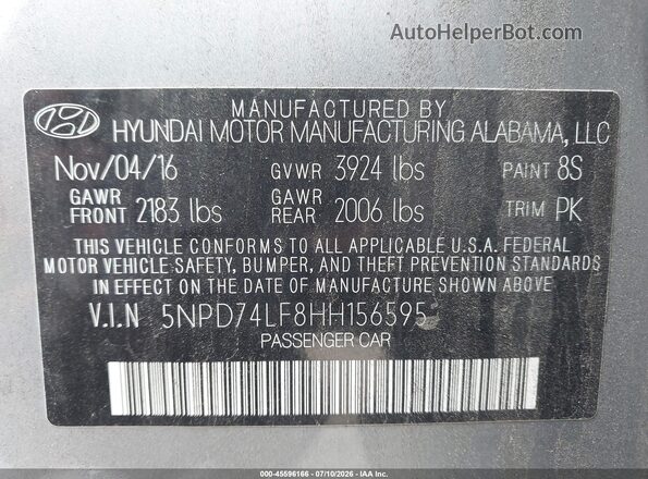 5NPD74LF8HH156595 2017 HYUNDAI ELANTRA Серый Вид подкапотного пространства