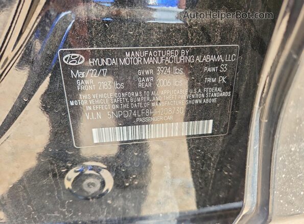 5NPD74LF8HH208730 2017 HYUNDAI ELANTRA Black VIN sticker view