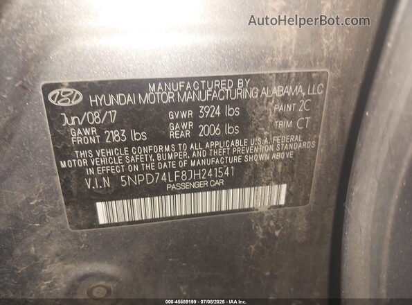 5NPD74LF8JH241541 2018 HYUNDAI ELANTRA Серый Вид подкапотного пространства