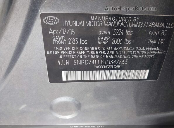 5NPD74LF8JH347763 2018 HYUNDAI ELANTRA Gray Widok komory silnika