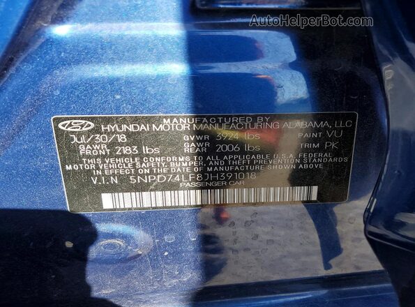 5NPD74LF8JH391018 2018 HYUNDAI ELANTRA Blue Vista del compartimento del motor