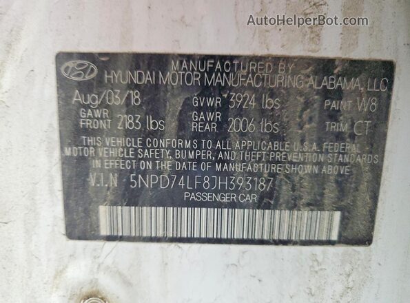 5NPD74LF8JH393187 2018 HYUNDAI ELANTRA White Widok naklejki z numerem VIN