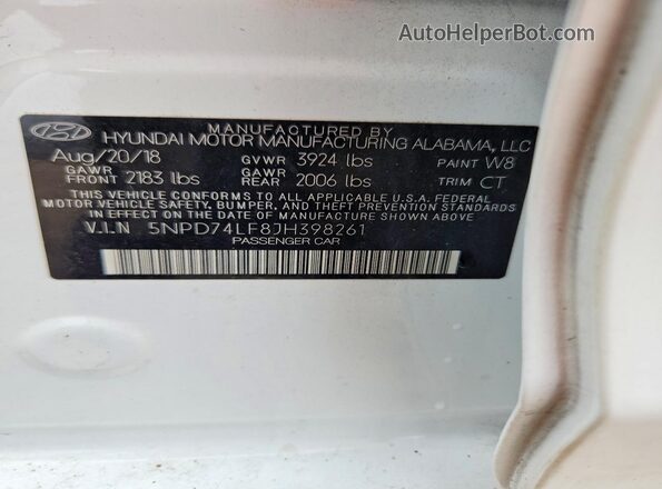 5NPD74LF8JH398261 2018 HYUNDAI ELANTRA White Vista del compartimento del motor