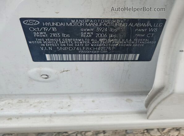 5NPD74LF8KH421751 2019 HYUNDAI ELANTRA Белый Вид наклейки с VIN-кодом