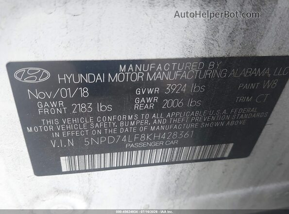 5NPD74LF8KH428361 2019 HYUNDAI ELANTRA White ძრავის განყოფილების ხედი