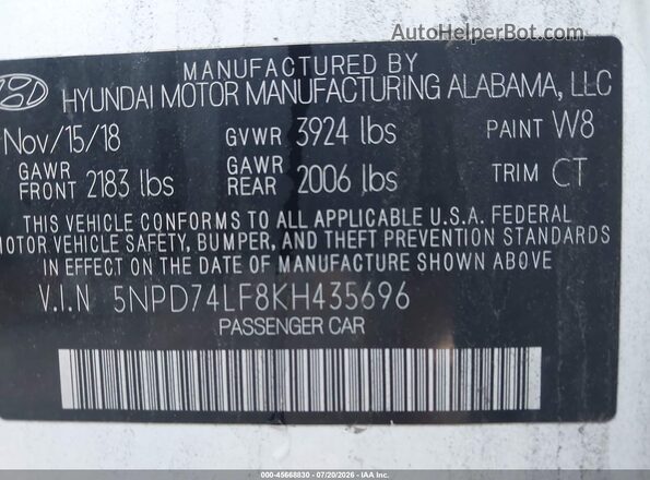5NPD74LF8KH435696 2019 HYUNDAI ELANTRA White Շարժիչի բաժամունքի տեսք