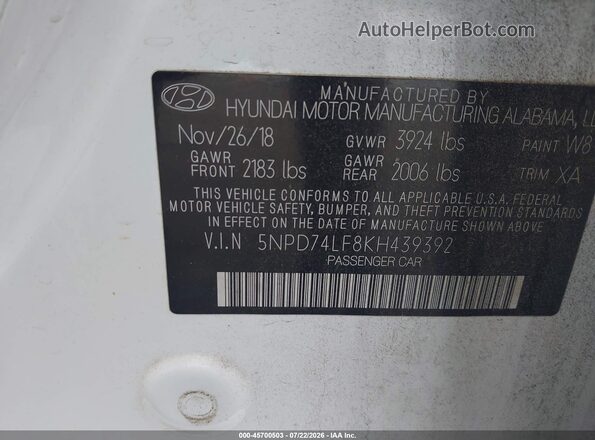 5NPD74LF8KH439392 2019 HYUNDAI ELANTRA White Engine compartment view