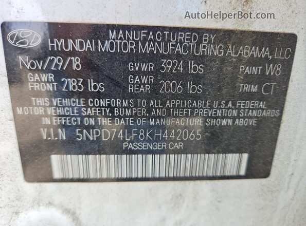 5NPD74LF8KH442065 2019 HYUNDAI ELANTRA White Engine compartment view