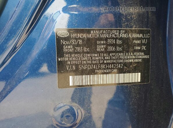5NPD74LF8KH442342 2019 HYUNDAI ELANTRA Blue ძრავის განყოფილების ხედი