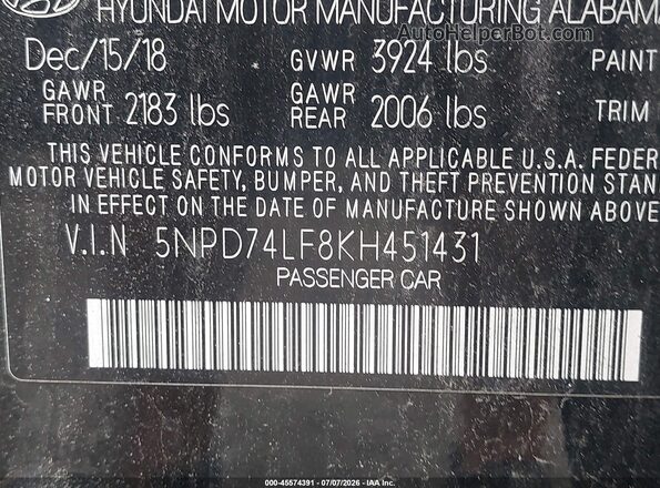 5NPD74LF8KH451431 2019 HYUNDAI ELANTRA Black Engine compartment view