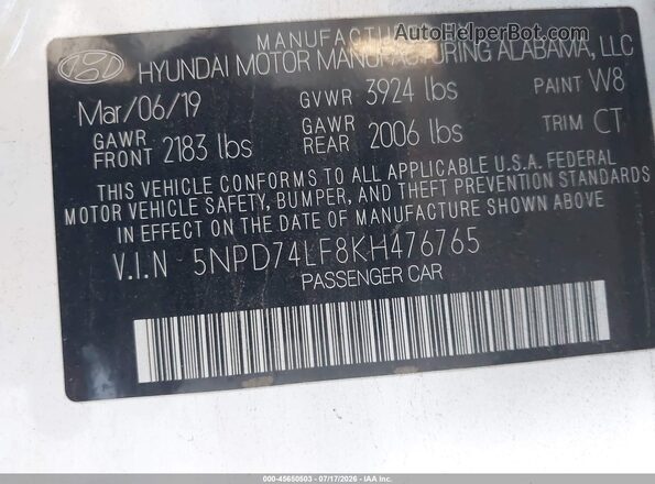 5NPD74LF8KH476765 2019 HYUNDAI ELANTRA Белый Вид подкапотного пространства