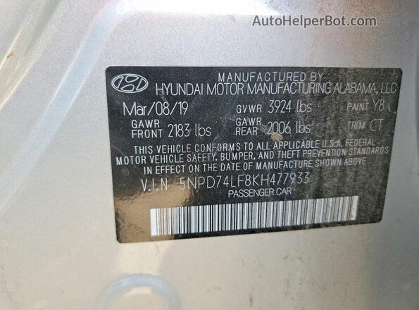 5NPD74LF8KH477933 2019 HYUNDAI ELANTRA Silver ძრავის განყოფილების ხედი