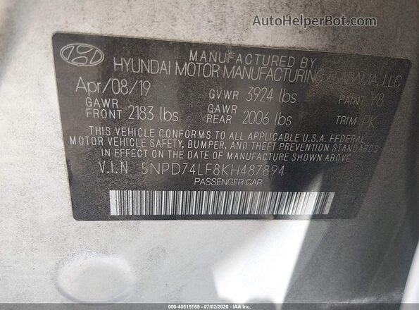 5NPD74LF8KH487894 2019 HYUNDAI ELANTRA Silver Вид підкапотного простору