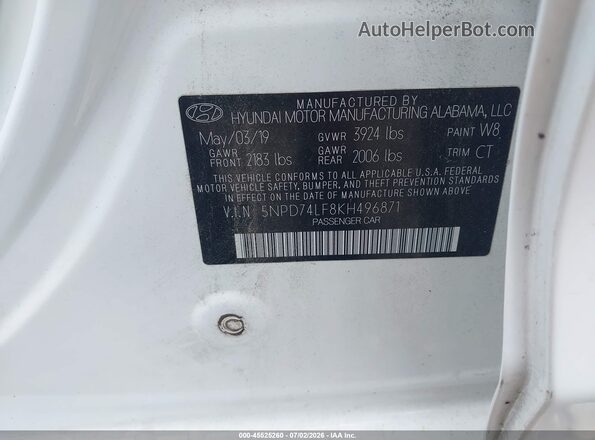 5NPD74LF8KH496871 2019 HYUNDAI ELANTRA Белый Вид подкапотного пространства