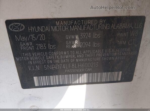 5NPD74LF8LH600213 2020 HYUNDAI ELANTRA White Vista del compartimento del motor