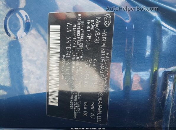 5NPD74LF8LH601295 2020 HYUNDAI ELANTRA Синий Вид подкапотного пространства