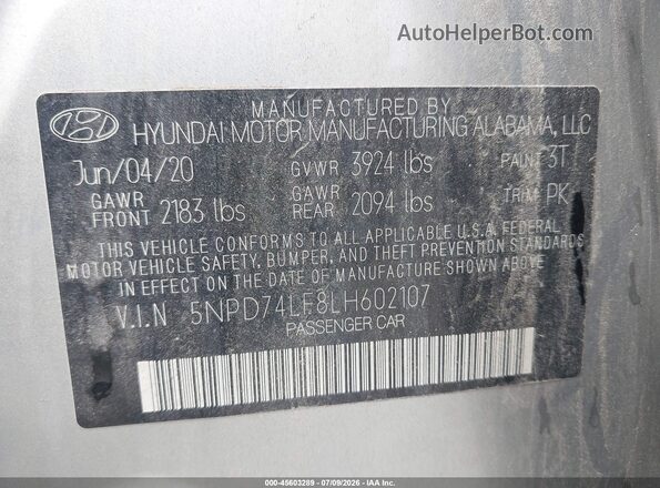 5NPD74LF8LH602107 2020 HYUNDAI ELANTRA Silver Շարժիչի բաժամունքի տեսք