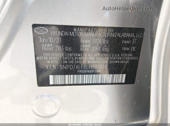 5NPD74LF8LH602978 2020 HYUNDAI ELANTRA Gray Вид підкапотного простору