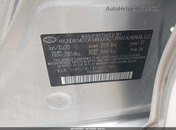 5NPD74LF8LH602995 2020 HYUNDAI ELANTRA Silver Vista del compartimento del motor