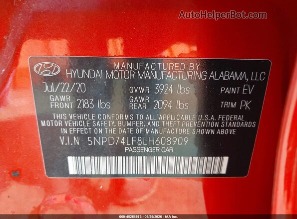 5NPD74LF8LH608909 2020 HYUNDAI ELANTRA Red Engine compartment view