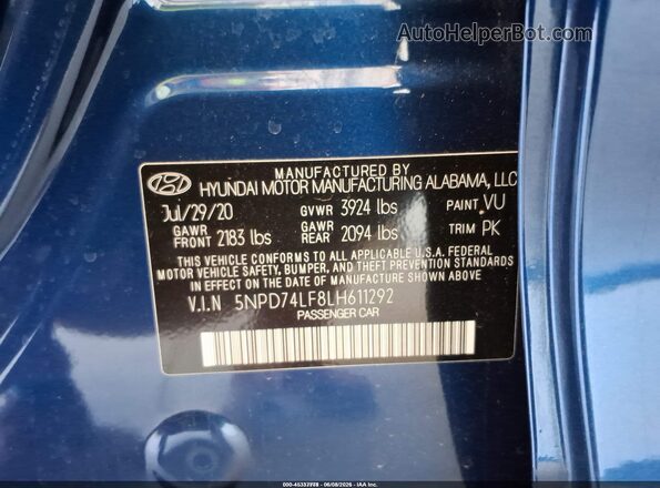 5NPD74LF8LH611292 2020 HYUNDAI ELANTRA Blue Widok komory silnika