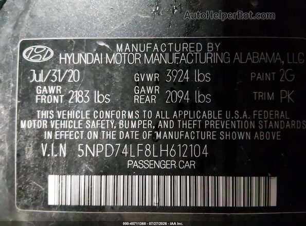 5NPD74LF8LH612104 2020 HYUNDAI ELANTRA Gray Շարժիչի բաժամունքի տեսք