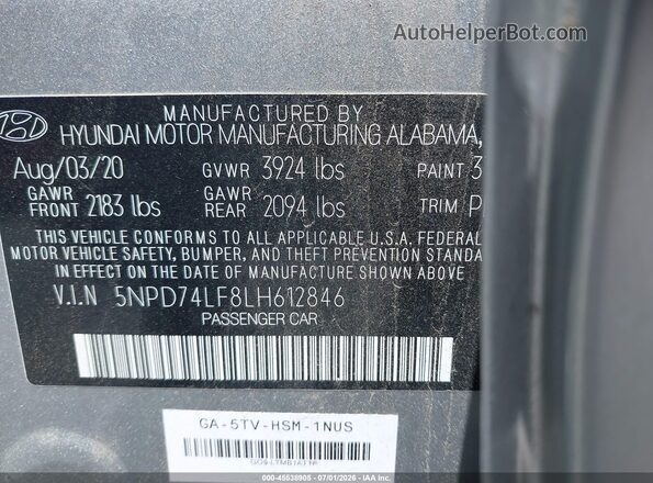 5NPD74LF8LH612846 2020 HYUNDAI ELANTRA Silver ძრავის განყოფილების ხედი