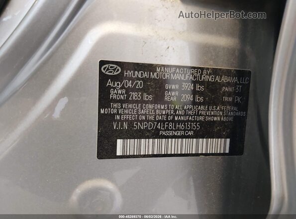 5NPD74LF8LH613155 2020 HYUNDAI ELANTRA Silver ძრავის განყოფილების ხედი